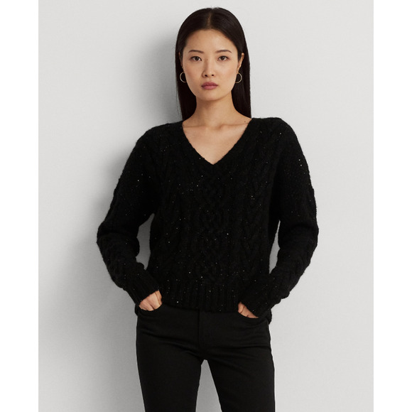 Lauren Ralph Lauren Sequined Wool Blend Aran Knit Sweater Black Size M